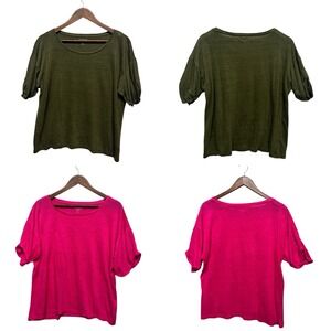 J Crew Womens Top Size L 100 % Linen Roll Cuff Crewneck T-Shirt Lot Of 2 Relaxed